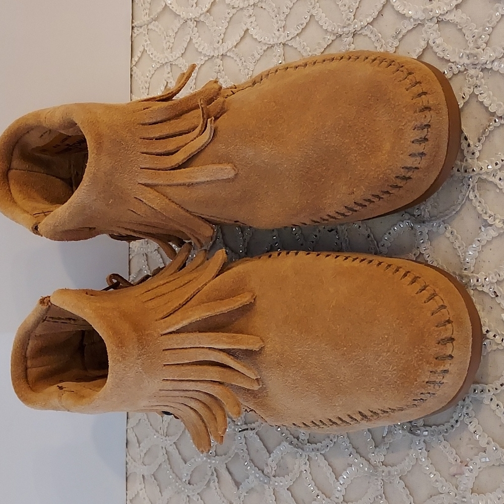 Fringe Suede Ankle Boots in Tan - Women's Casual Moccasin Style
